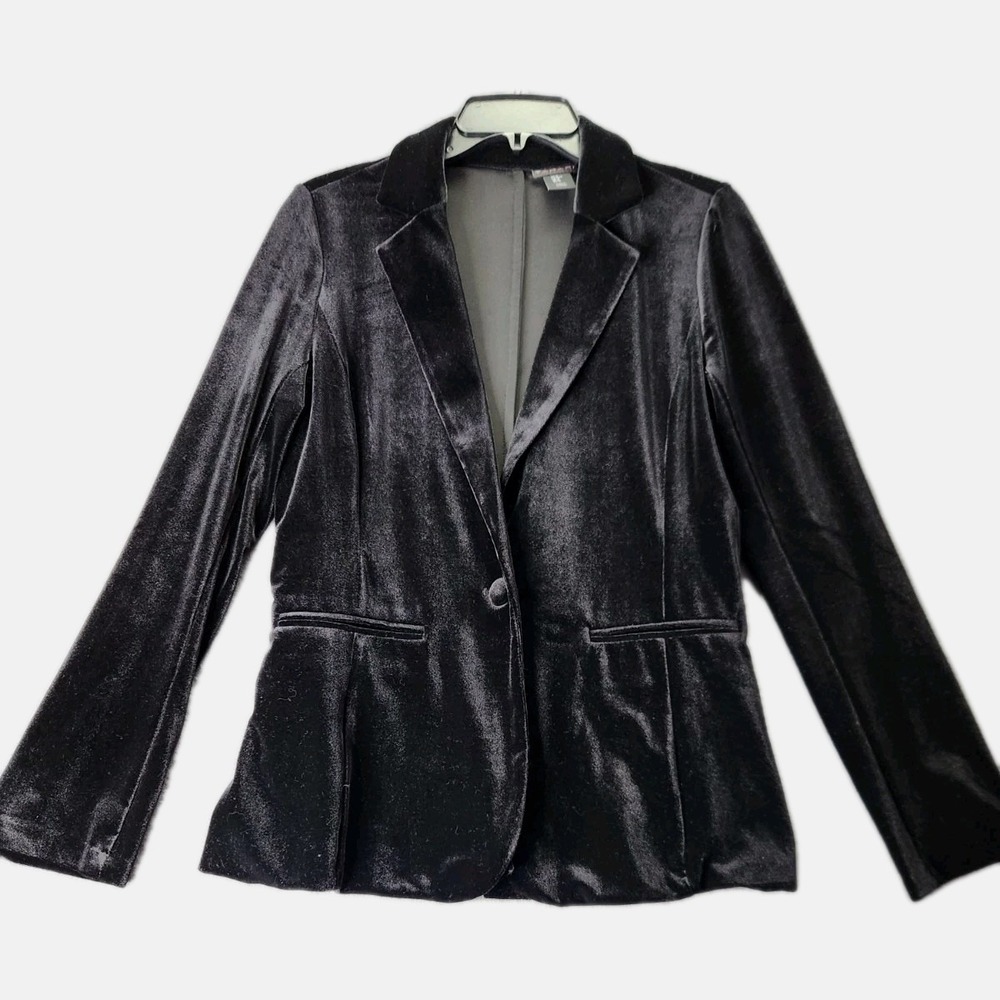 Tahari Long Sleeve Single Breasted Notch Lapel‎ Velvet Blazer Black Womens Sz M